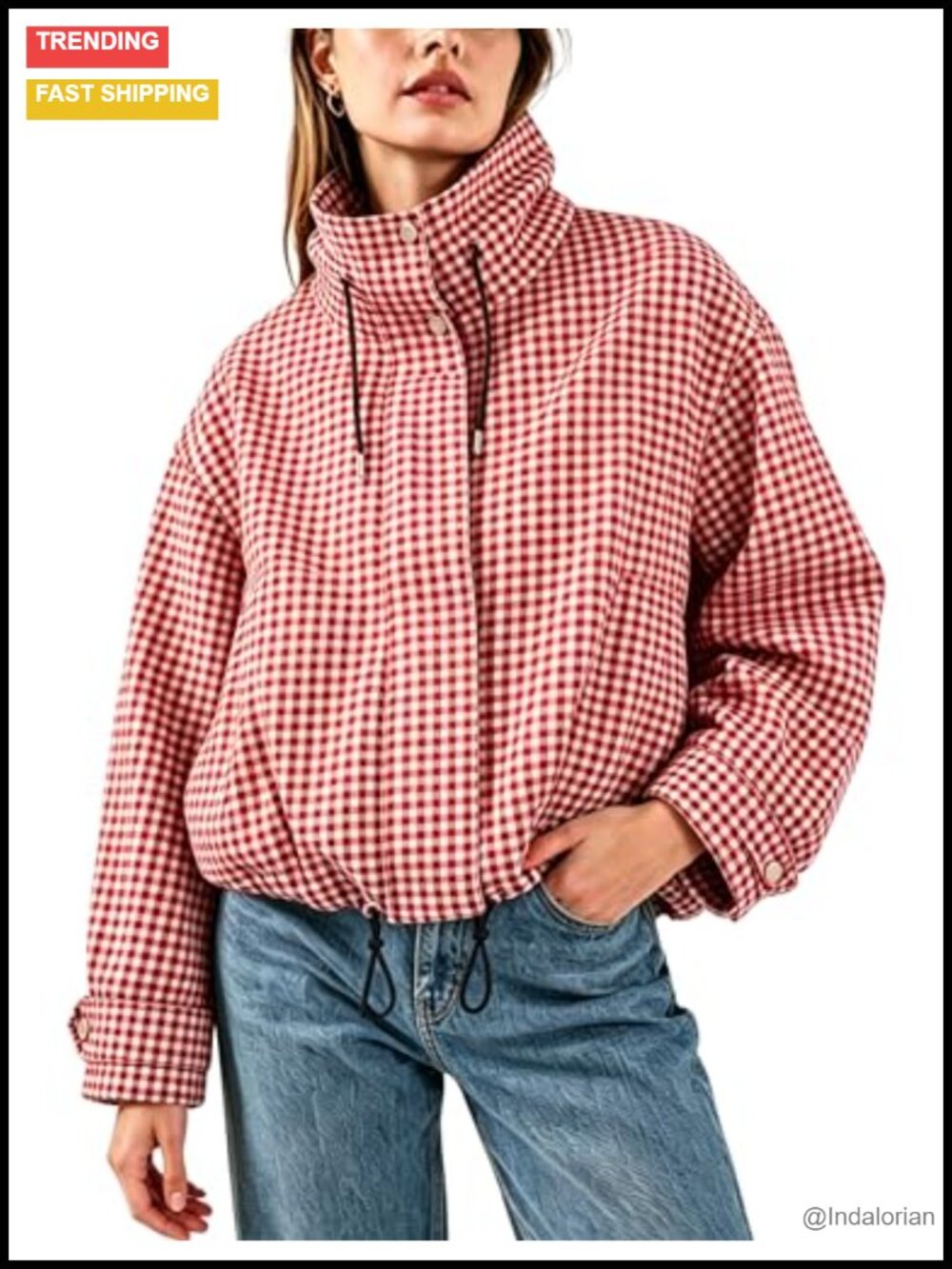 Gingham Zipper Bomber Jacket Stand Collar Cropped Outwear